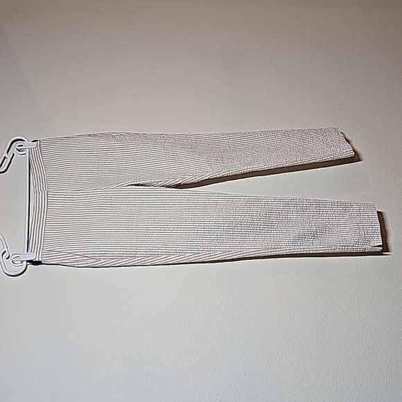 Zara Pants Trouser Slacks Seersucker Stripe Mid-Rise Stretch White Tan Ankle M - Picture 3 of 14